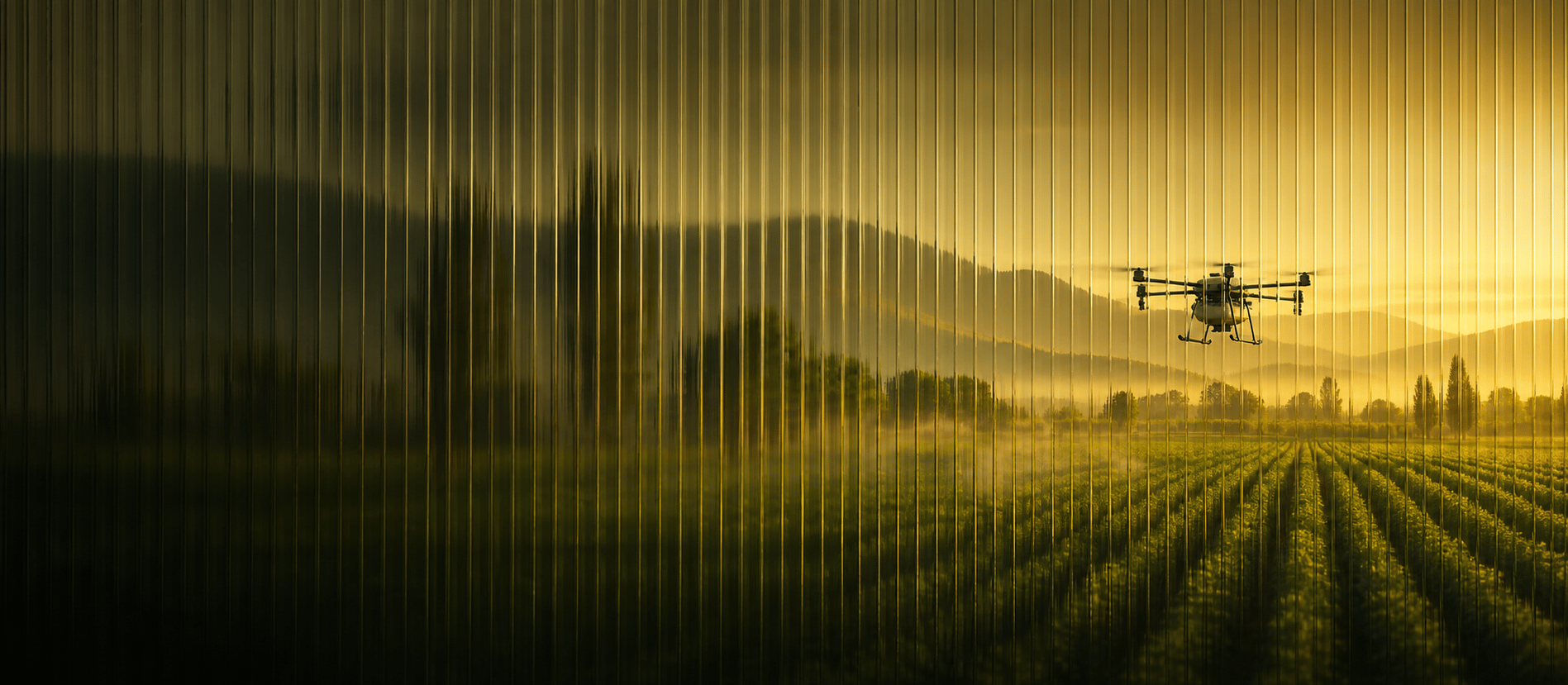 Ribbed glass view of an agricultural drone over farm fields