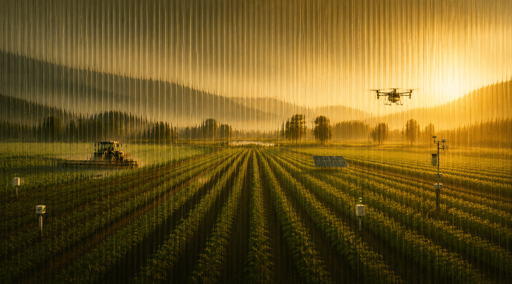 Precision agriculture fields with tractors, drones, and crop intelligence overlays
